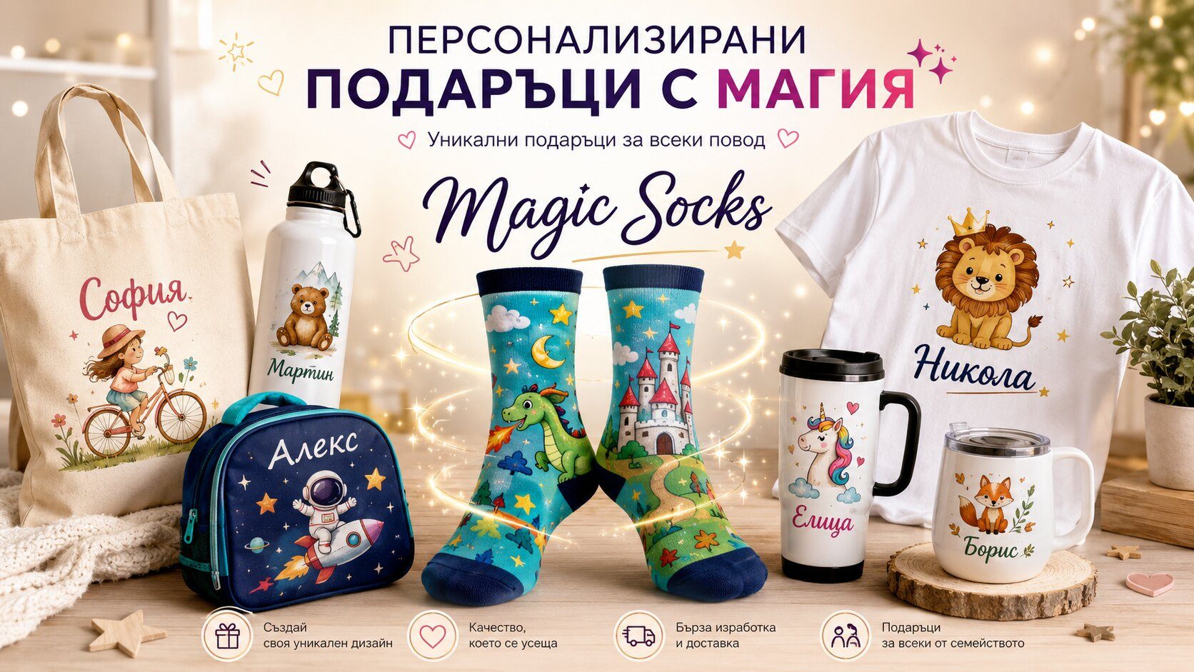 Персонализирани чорапи и сувенири с име и лого — Magic Socks
